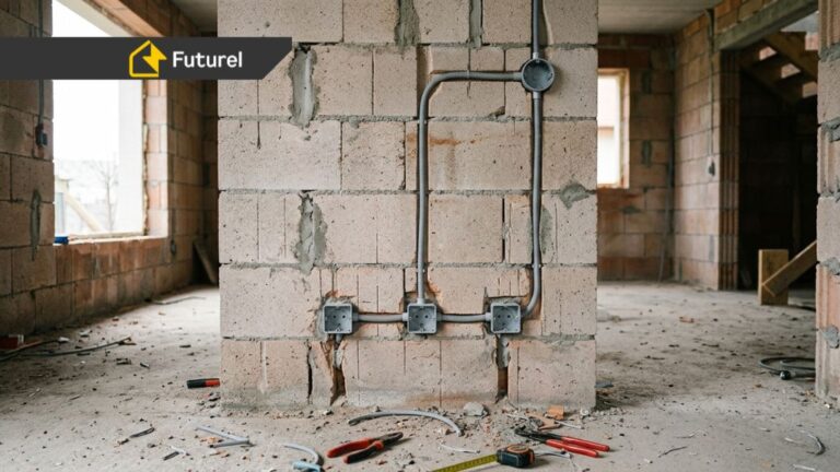 Puszki elektryczne i peszle instalacji elektrycznej zamontowane w ścianie z bloczków podczas budowy domu