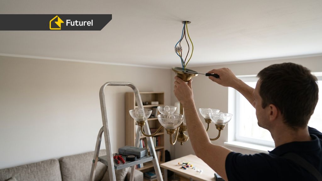 montaż lampy w domu przez elektryka