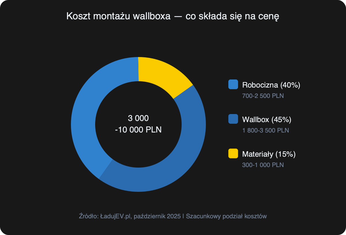 Wykres donut - struktura kosztów montażu wallboxa: robocizna, urządzenie i materiały