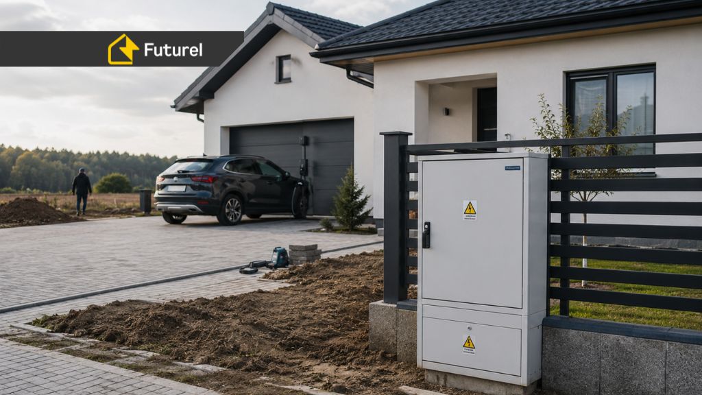 Skrzynka elektryczna przy ogrodzeniu domu jednorodzinnego z samochodem elektrycznym na podjeździe