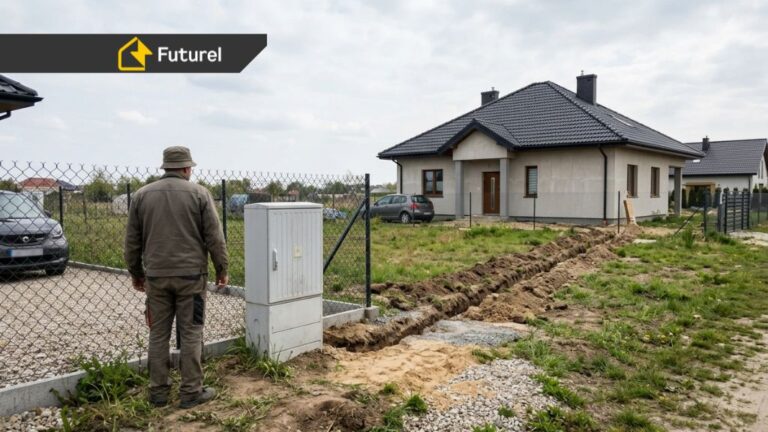 Skrzynka elektryczna na działce i wykop pod przyłącze prądu prowadzący do domu jednorodzinnego