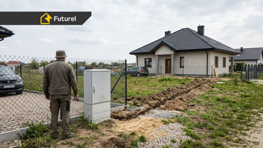Skrzynka elektryczna na działce i wykop pod przyłącze prądu prowadzący do domu jednorodzinnego