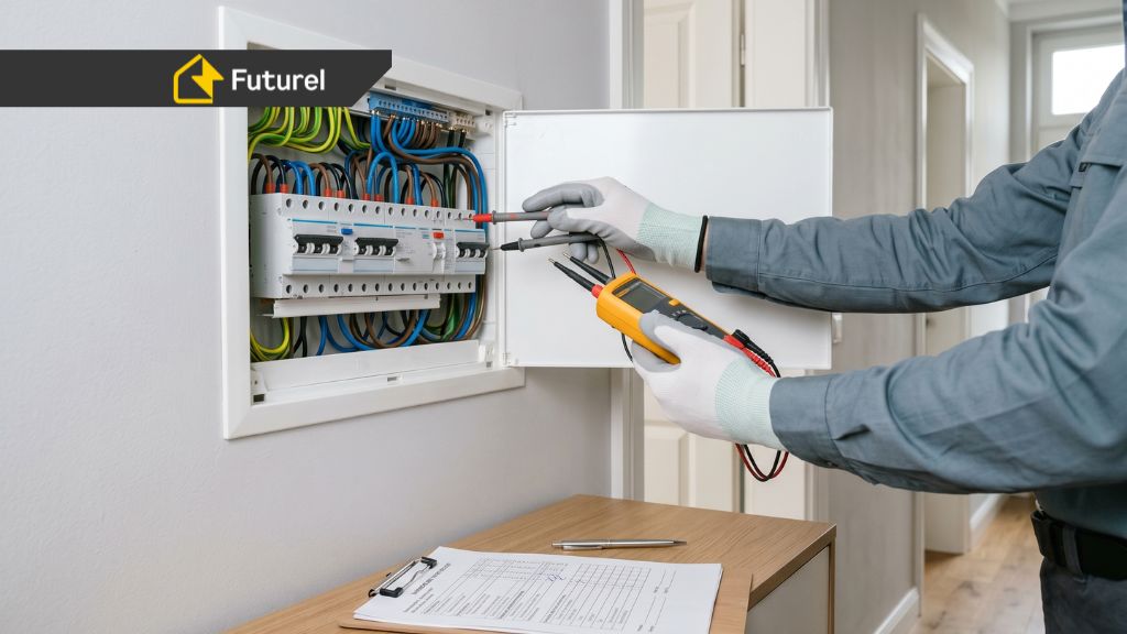Elektryk wykonuje pomiary instalacji elektrycznej w rozdzielnicy podczas obowiązkowego przeglądu okresowego