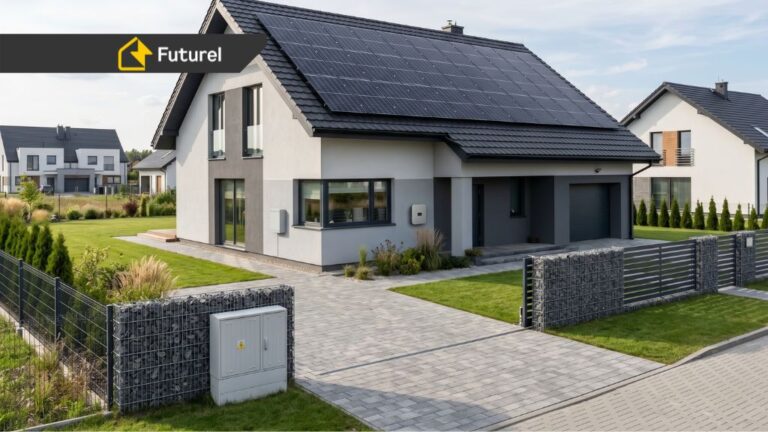 Nowoczesny dom jednorodzinny z instalacją fotowoltaiczną na dachu i skrzynką elektryczną przy ogrodzeniu
