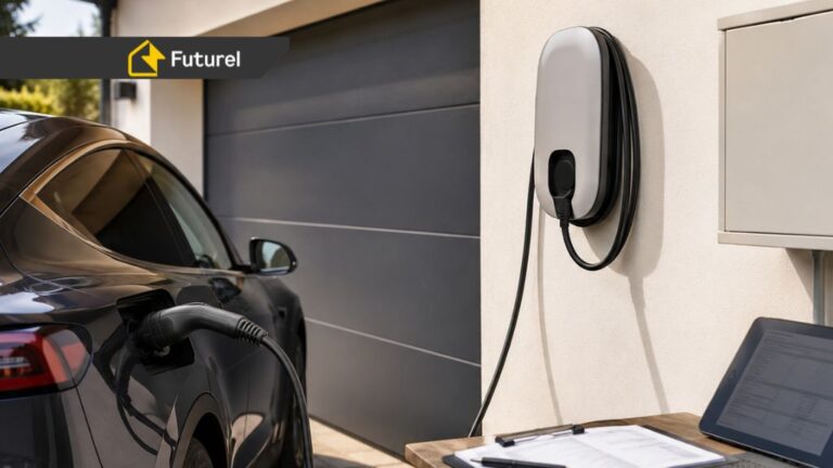 Samochód elektryczny ładowany przez wallbox zamontowany na ścianie garażu przy domu jednorodzinnym