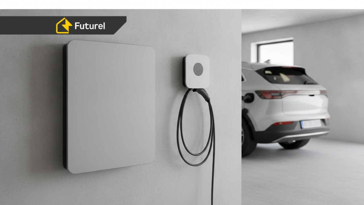 Domowy magazyn energii LFP zamontowany na ścianie garażu obok wallboxa do ładowania samochodu elektrycznego