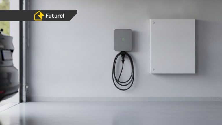 Wallbox 22 kW zamontowany na ścianie w garażu domu jednorodzinnego, widok kabla ładowania do samochodu elektrycznego