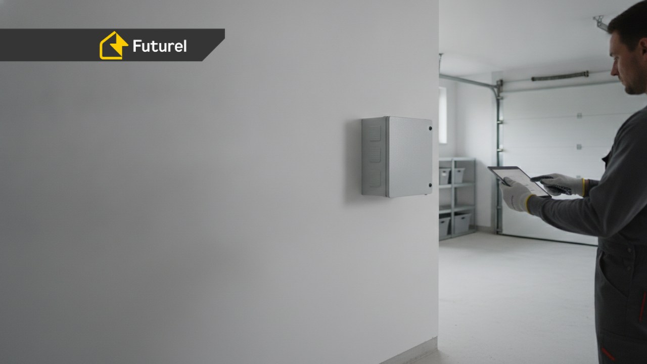 Elektryk planuje trasę kablową pod wallbox w garażu bez instalacji elektrycznej — skrzynka rozdzielcza na ścianie