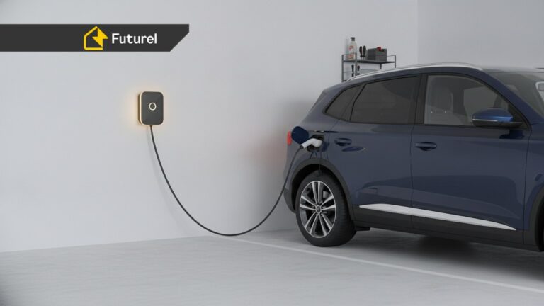 Wallbox PHEV hybryda plug-in zamontowany w garażu domu jednorodzinnego przy samochodzie z gniazdem ładowania Typ 2