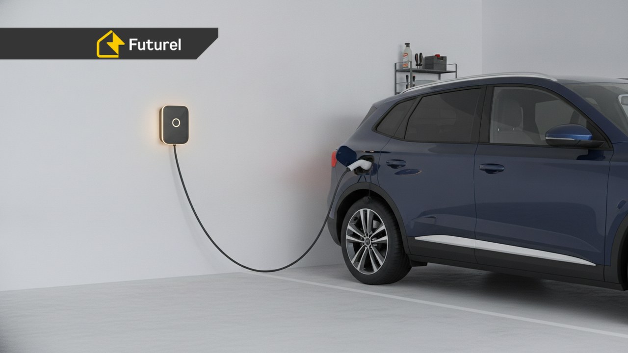 Wallbox PHEV hybryda plug-in zamontowany w garażu domu jednorodzinnego przy samochodzie z gniazdem ładowania Typ 2