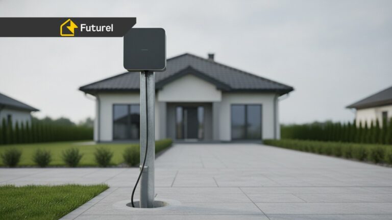 Wallbox zewnętrzny zamontowany na słupku przy podjeździe domu jednorodzinnego w Krakowie - montaż EV charger outdoor